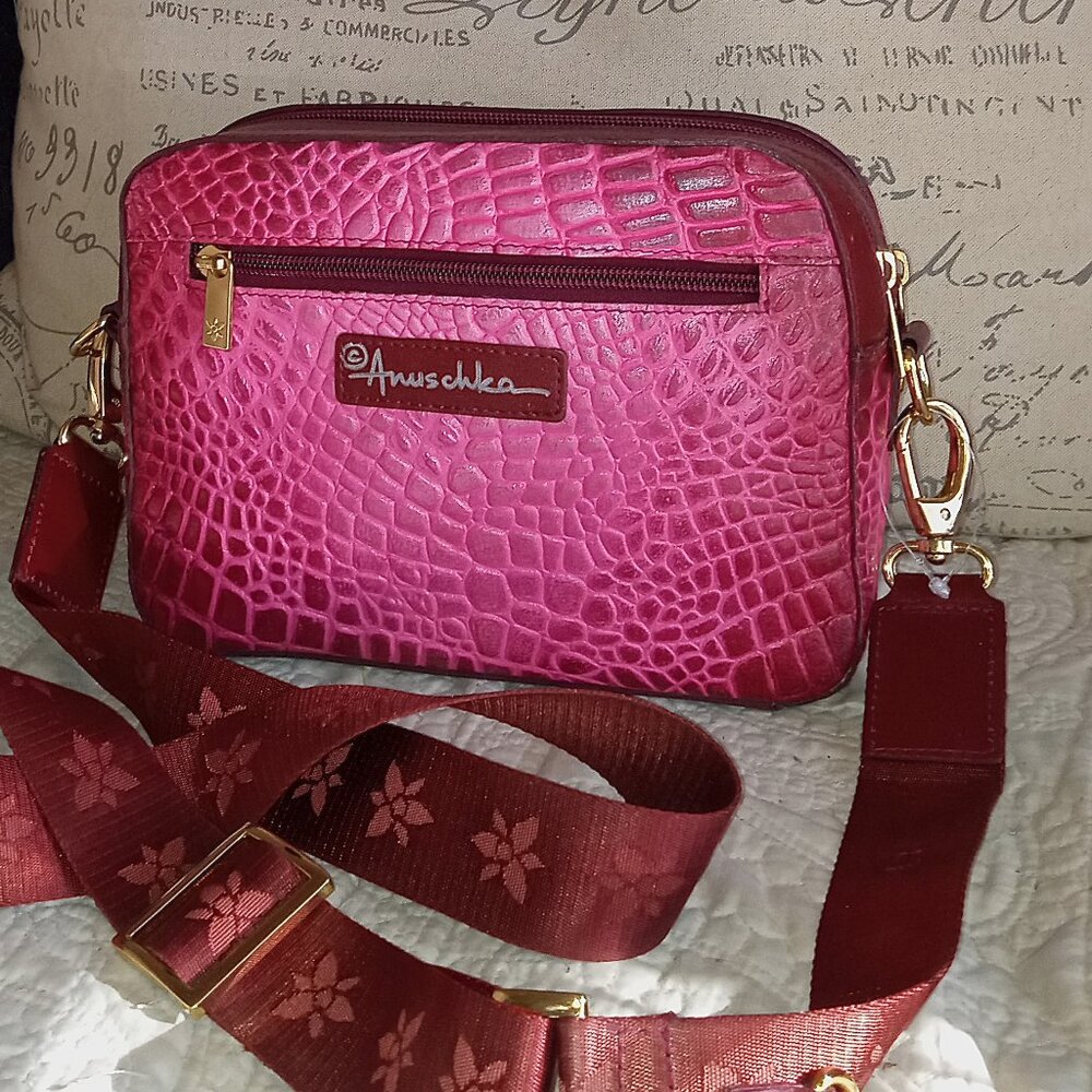 Anuschka Berry Hand painted Twin Top Leather Crossbody